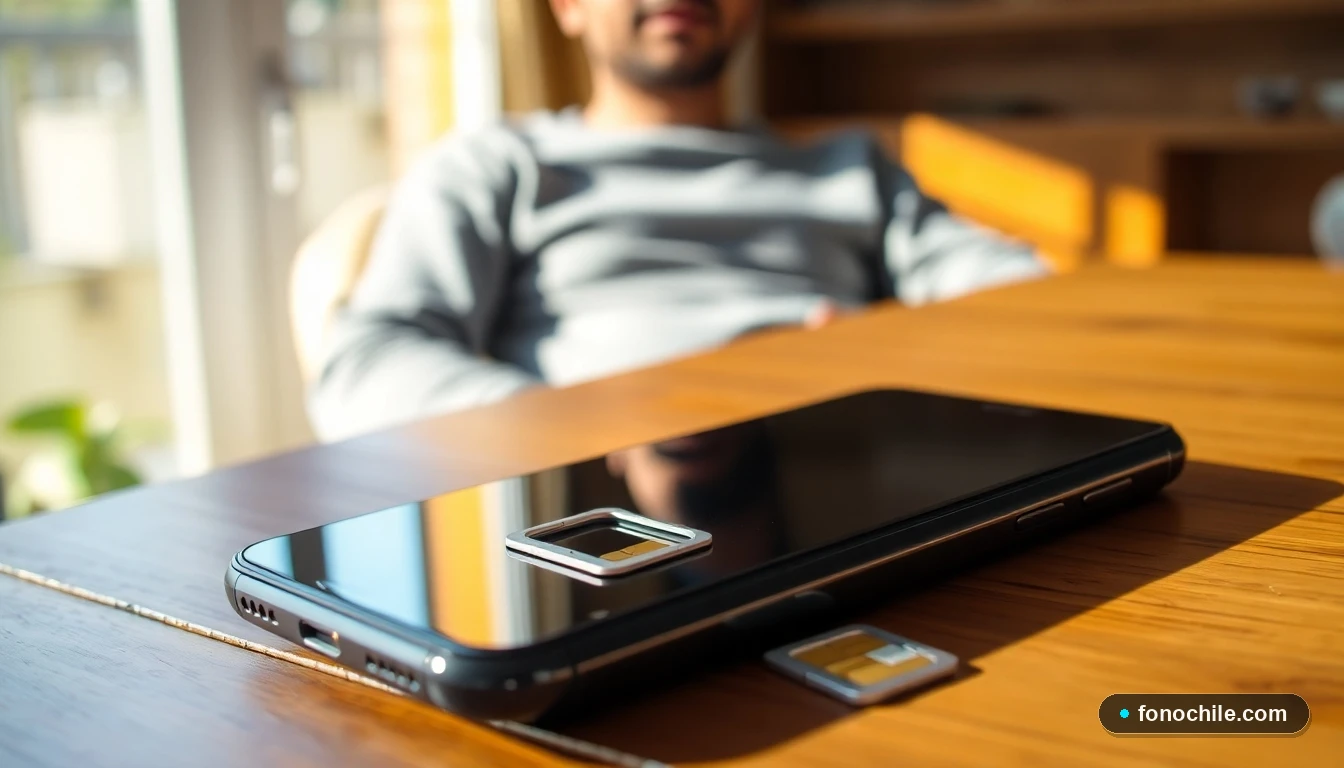 Smartphone con bandeja para chip SIM expulsada sobre una mesa, concepto de seguridad móvil y códigos de acceso.