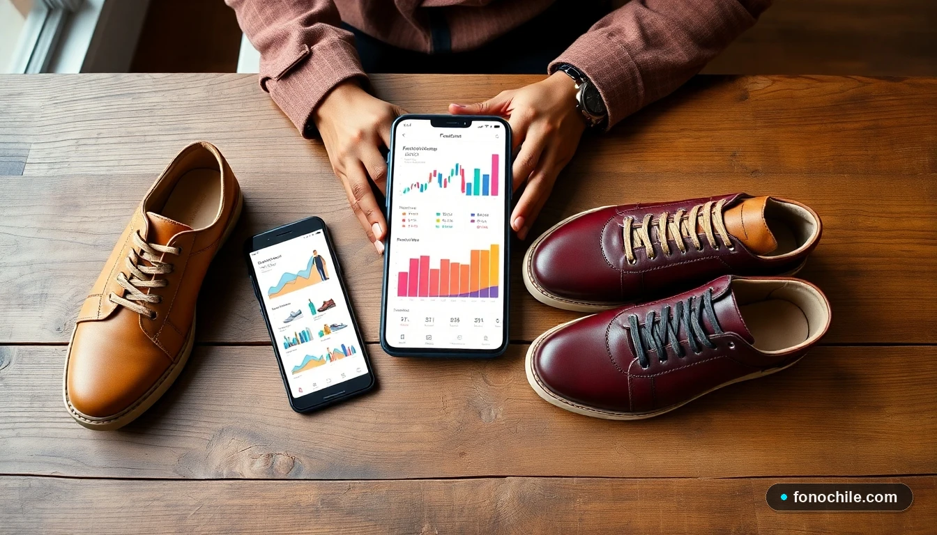 Fotografía de tendencias de calzado premium 2026 en tonos tierra, junto a un teléfono con gráficos de moda abstractos.