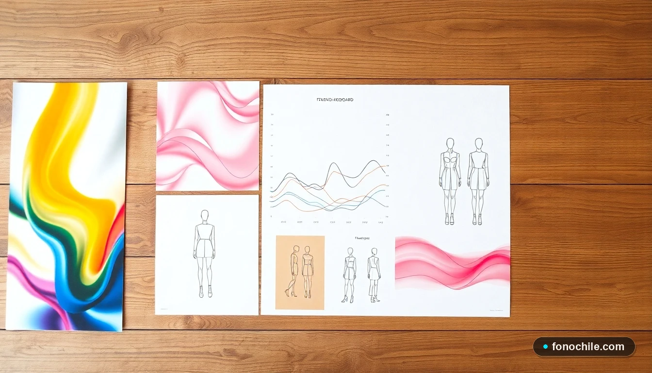 Tablero de tendencias de moda con muestras de telas y gráficos de colores abstractos para una colección cápsula exclusiva.