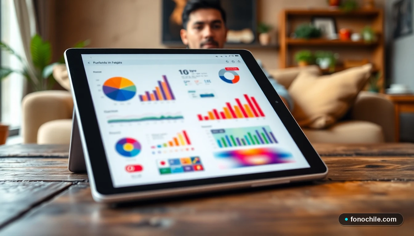Gráficos abstractos de paletas de colores para el hogar en una tableta sobre una mesa de madera.
