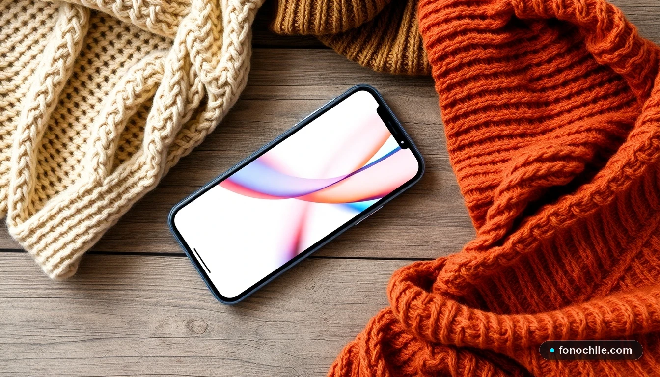 Composición plana de prendas de tricot en tonos tierra sobre una mesa de madera, con un teléfono mostrando una app de moda.