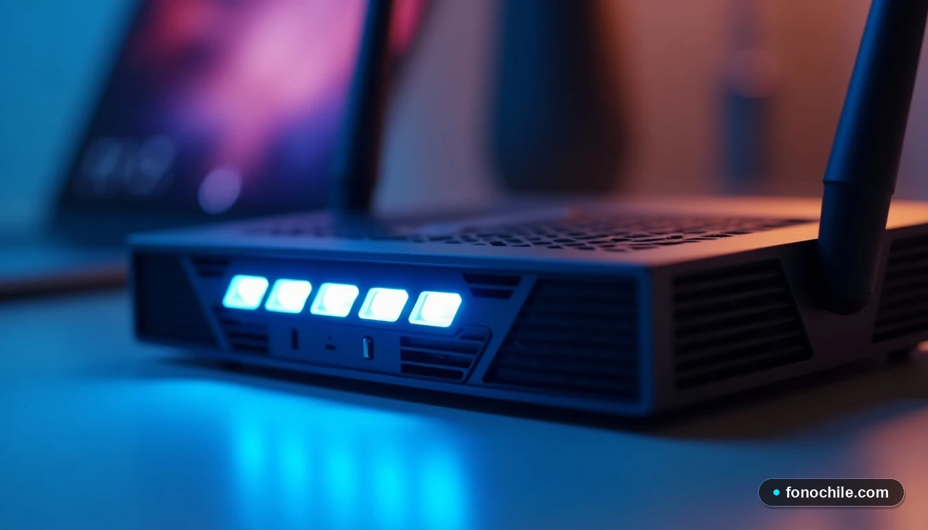 Primer plano del router 5G con luces LED azules brillantes, en una mesa de mármol blanca, representando la alta velocidad y cobertura de la red.