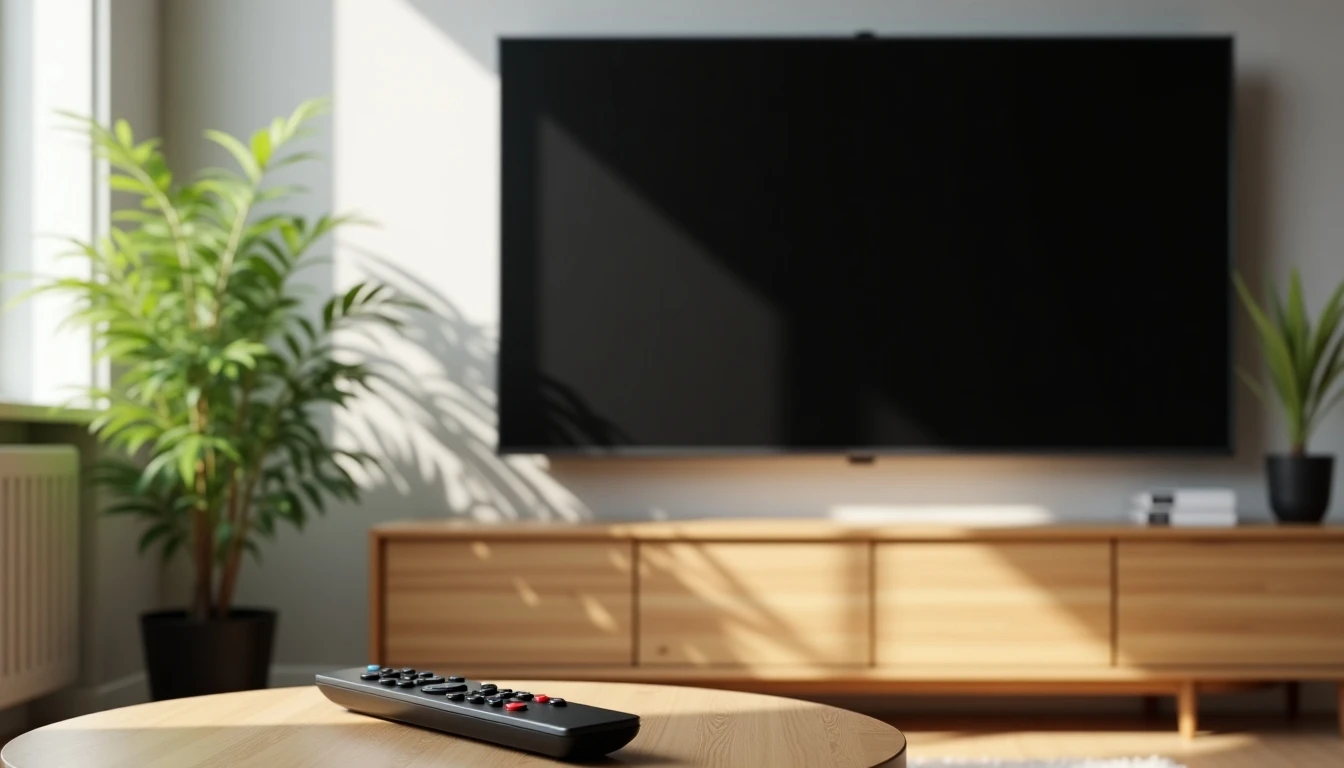 Salón moderno con televisor apagado y control remoto de DIRECTV listo para la cancelación del servicio.