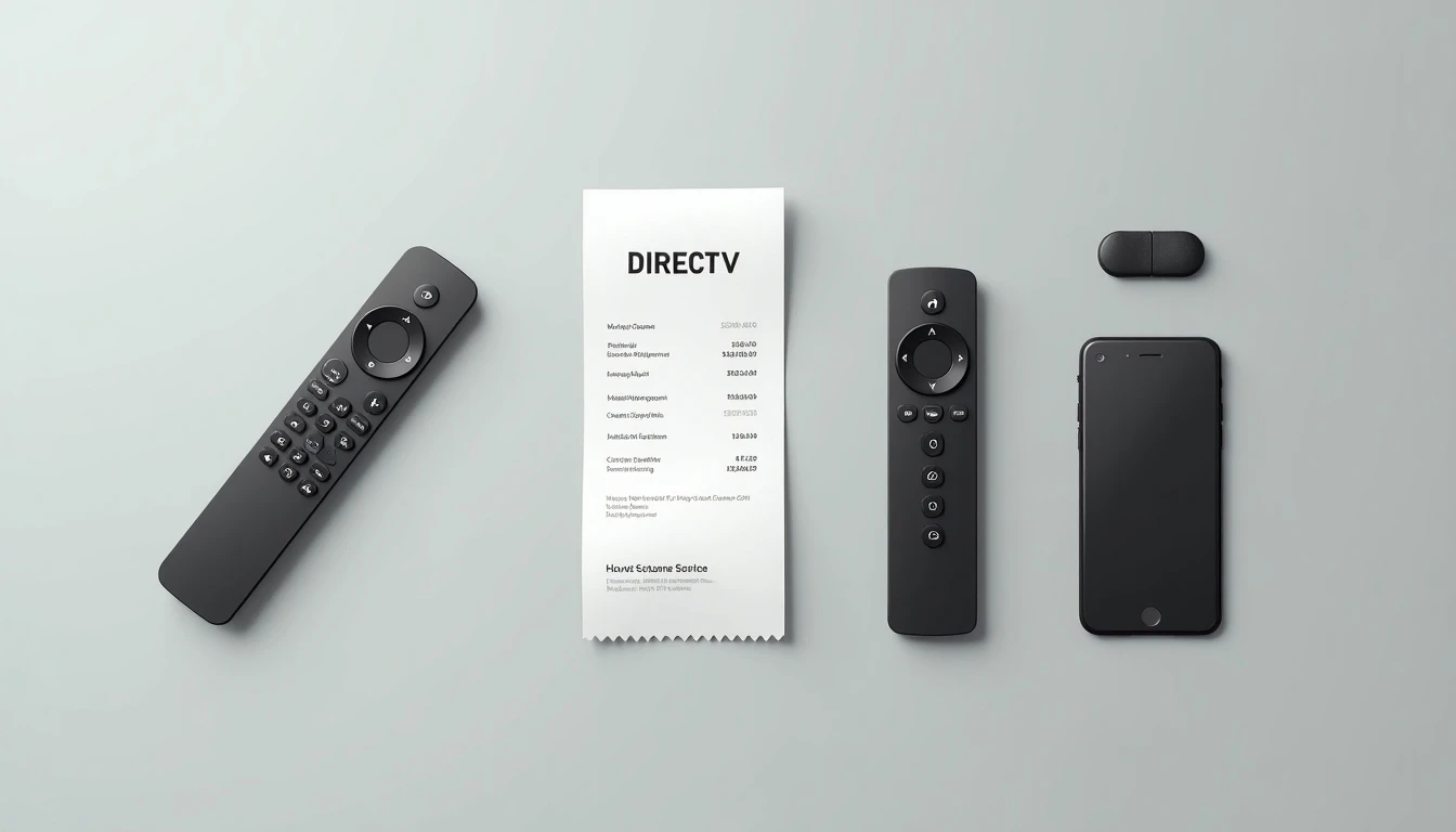 Elementos para gestionar la cancelación de DIRECTV: control remoto, factura y teléfono.