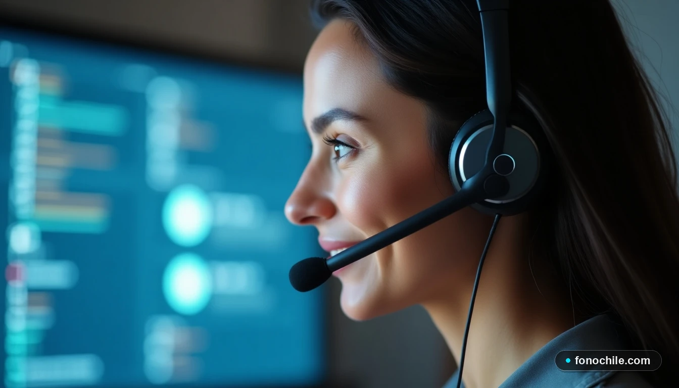 Asesora de servicio al cliente atendiendo consultas en un centro de llamadas moderno