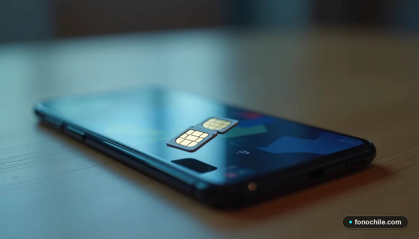 Vista aérea de una tarjeta SIM y un teléfono inteligente sobre una mesa de madera, representando la gestión de servicios móviles.