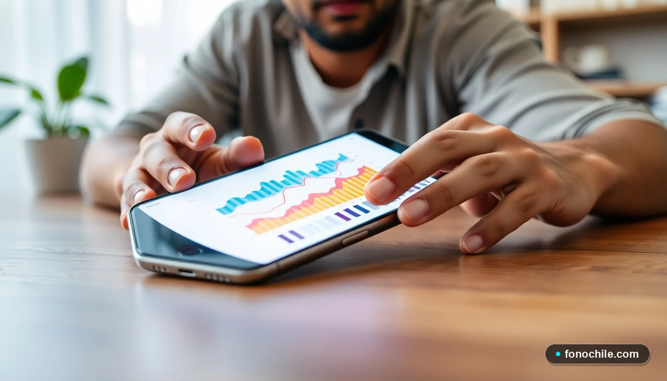 Smartphone mostrando gráficos abstractos de consumo de datos en una mesa, concepto de gestión de servicios móviles.