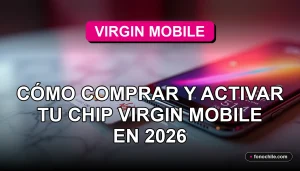 Un chip SIM Virgin Mobile y un smartphone moderno descansan sobre una mesa de mármol, con gráficos abstractos de colores en la pantalla.