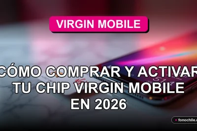 Un chip SIM Virgin Mobile y un smartphone moderno descansan sobre una mesa de mármol, con gráficos abstractos de colores en la pantalla.