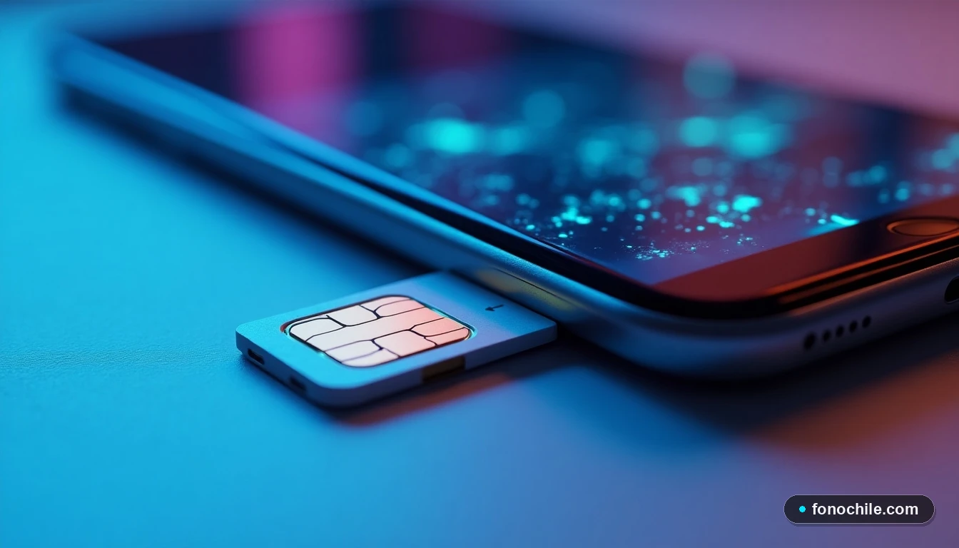 Primer plano detallado de un chip SIM Virgin Mobile, mostrando sus contactos metálicos, sobre una superficie moderna.