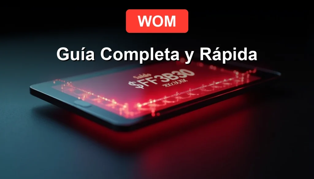 Una mujer sonriente consulta su saldo WOM en la pantalla transparente de un dispositivo futurista en su hogar, mostrando claridad y control.