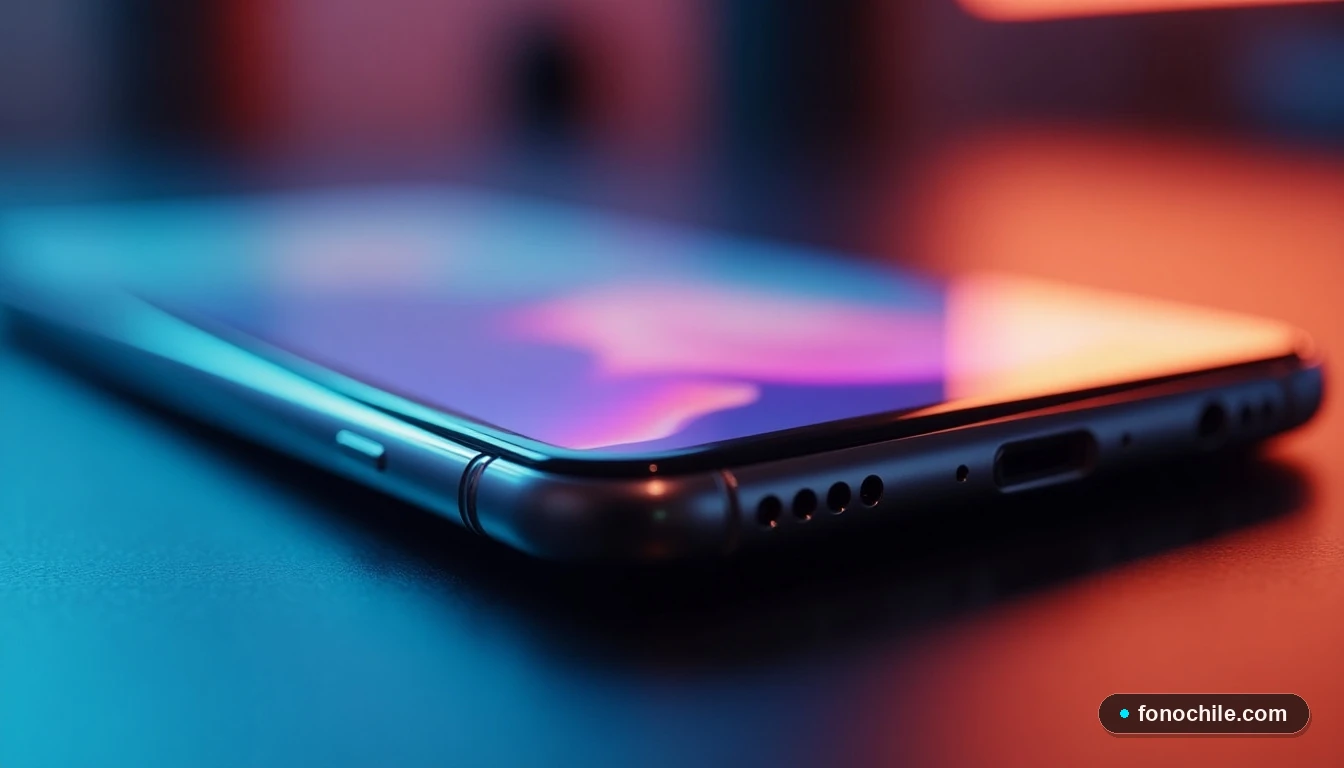 Primer plano de un smartphone moderno mostrando una interfaz abstracta, representando la facilidad de contratar servicios digitales.