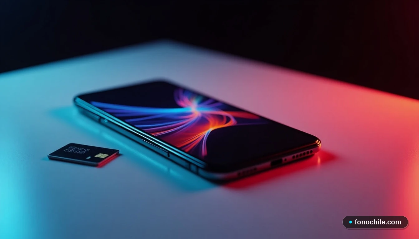 Primer plano de un teléfono inteligente y una tarjeta SIM nano sobre una superficie blanca, con iluminación de acento roja.