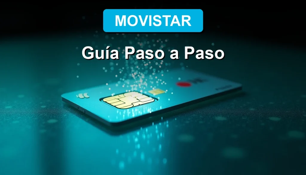 Un primer plano detallado de una tarjeta SIM de Movistar sobre una superficie de cristal esmerilado, con un haz de luz azul digital disolviéndose desde su chip, simbolizando la baja del servicio.