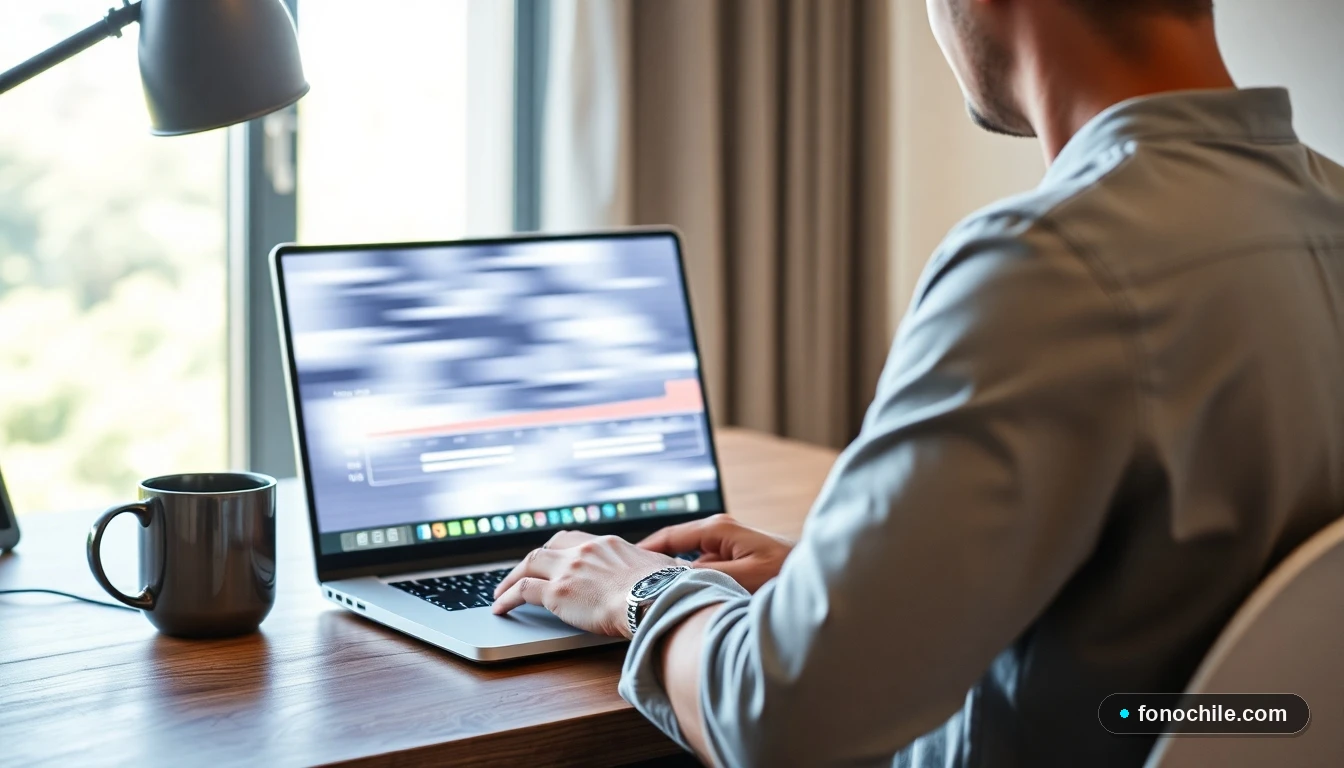 Hombre comparando velocidades de internet en su laptop en una oficina moderna en Chile.