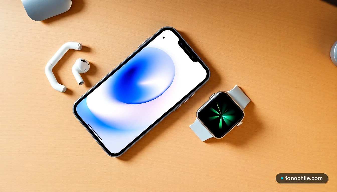 Vista aérea de un iPhone, AirPods y Apple Watch en un escritorio, con sus pantallas mostrando gráficos abstractos de diferentes colores, simbolizando la sincronización de datos en iCloud.