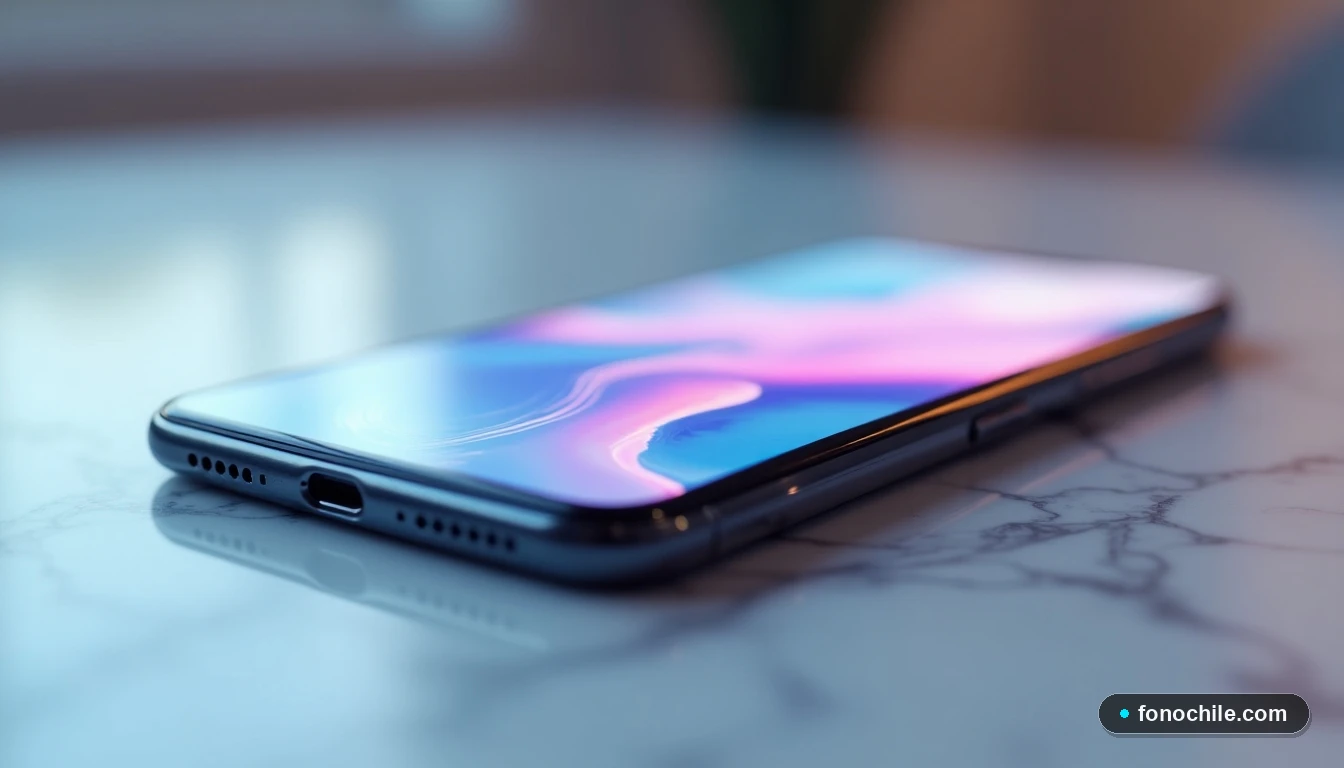 Primer plano de un teléfono inteligente moderno sobre una mesa de mármol, mostrando una interfaz abstracta, representando la tecnología de comunicaciones de Entel.