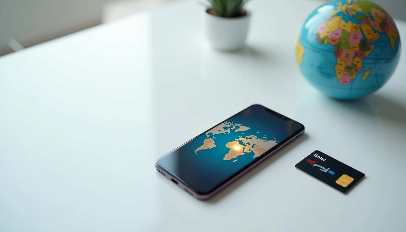 Smartphone y SIM Entel con mapa mundial, representando llamadas internacionales.