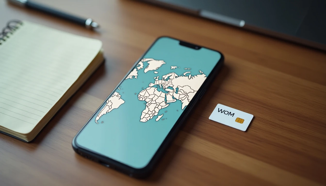 Guía visual para llamadas internacionales WOM: smartphone, SIM card y mapa mundial en escritorio moderno.