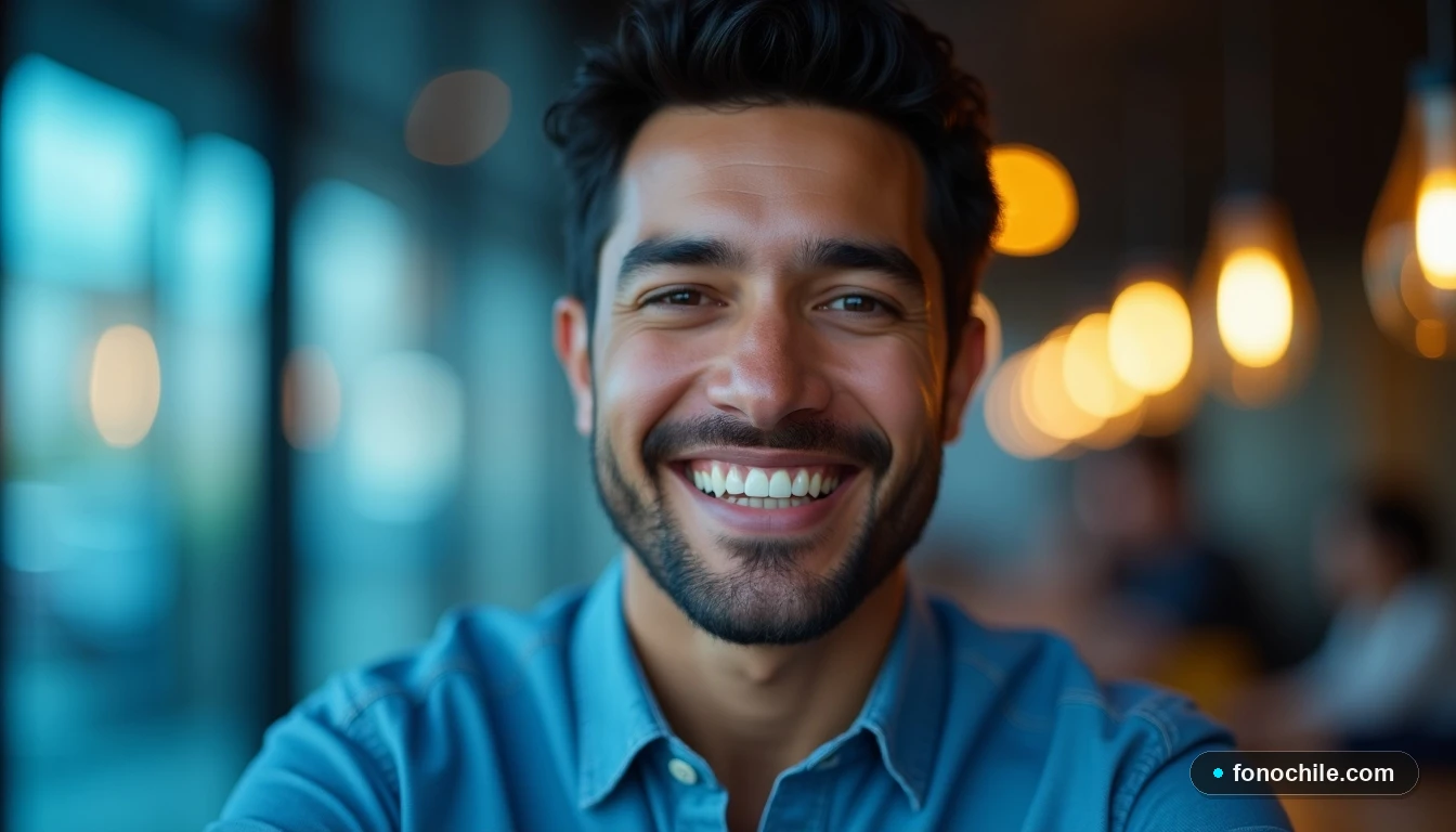 Hombre sonriente representando el servicio al cliente de WOM Chile para llamadas internacionales.