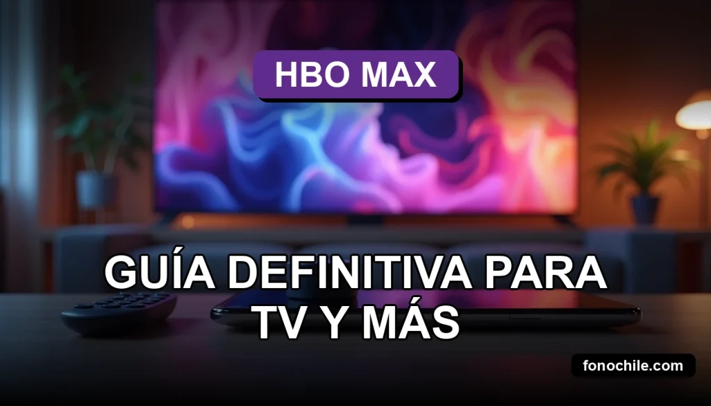 Un mando a distancia moderno y un teléfono inteligente reposan sobre una mesa de centro de madera clara, frente a un televisor de pantalla grande que muestra gráficos abstractos de colores.