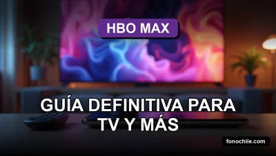 Un mando a distancia moderno y un teléfono inteligente reposan sobre una mesa de centro de madera clara, frente a un televisor de pantalla grande que muestra gráficos abstractos de colores.