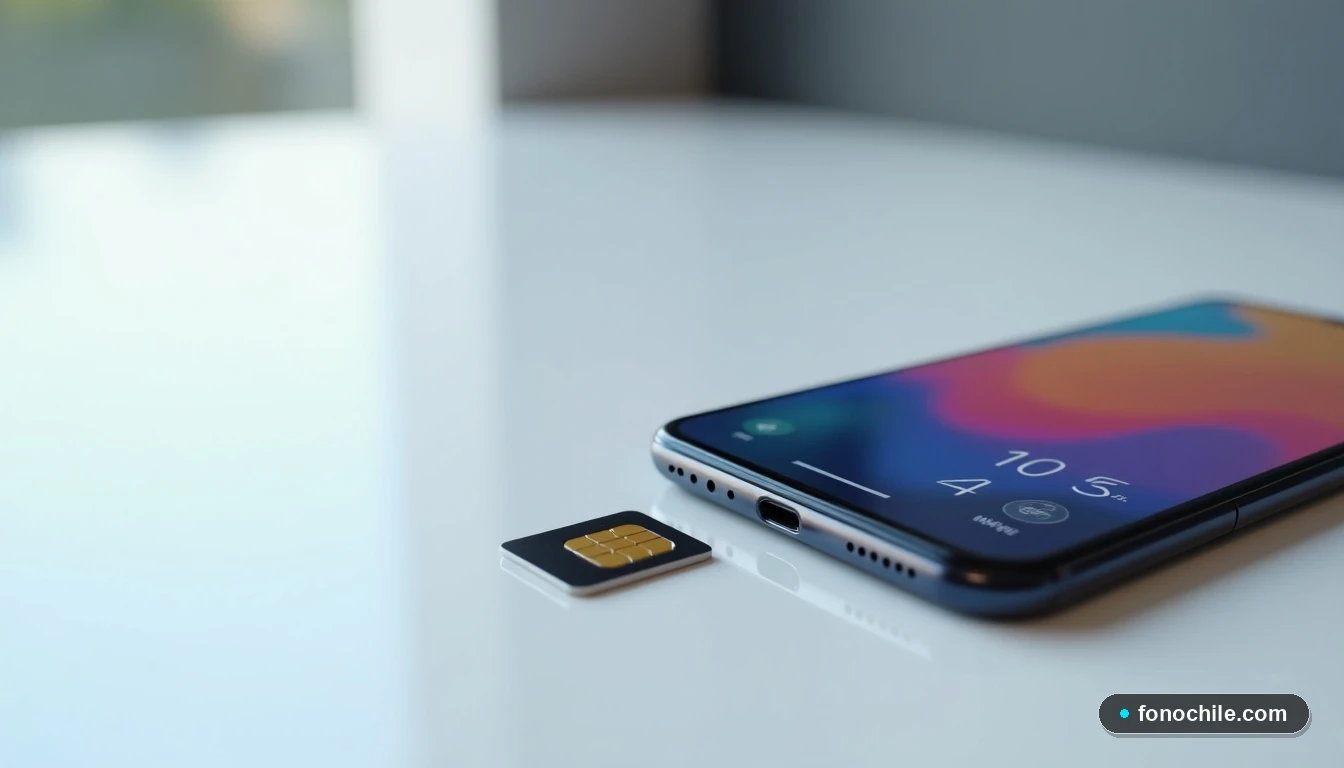 Smartphone y tarjeta SIM sobre una mesa, con la pantalla mostrando gráficos abstractos, para ilustrar el proceso de contacto.