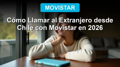 A person in a modern Santiago apartment looks thoughtfully out the window, contemplating an international call, with a Movistar smartphone resting on a wooden table nearby.