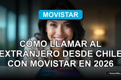 Mujer latina sonriente en un ambiente moderno, con un teléfono inteligente mostrando gráficos abstractos de colores, representando llamadas internacionales con Movistar.