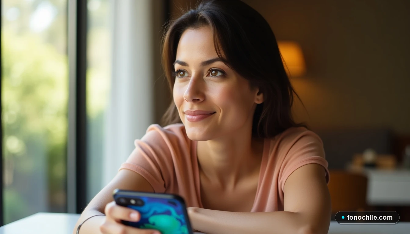 Primer plano de una mujer latina satisfecha, con un teléfono inteligente en segundo plano mostrando una interfaz de colores suaves, ilustrando la simplicidad de llamar al extranjero.