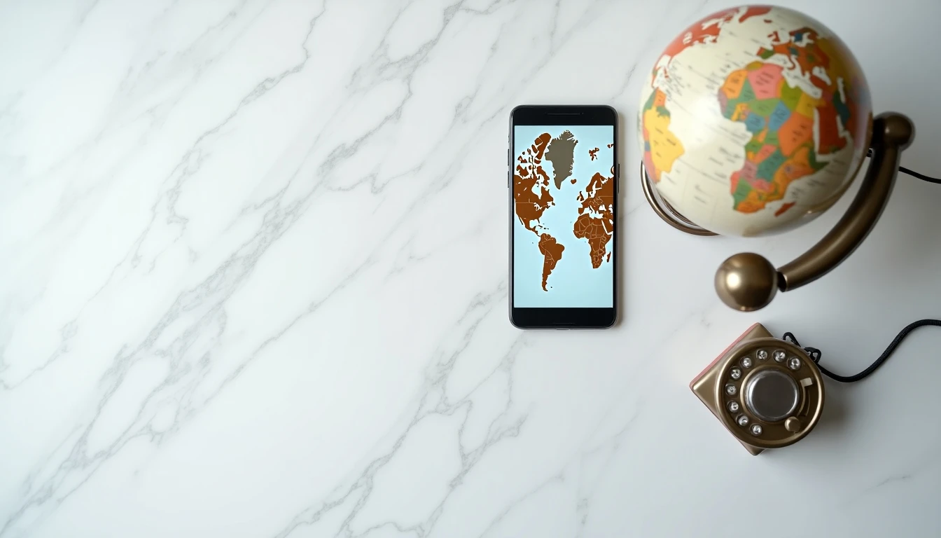 Concepto visual de llamadas internacionales: teléfono inteligente con mapa mundial y globo terráqueo.