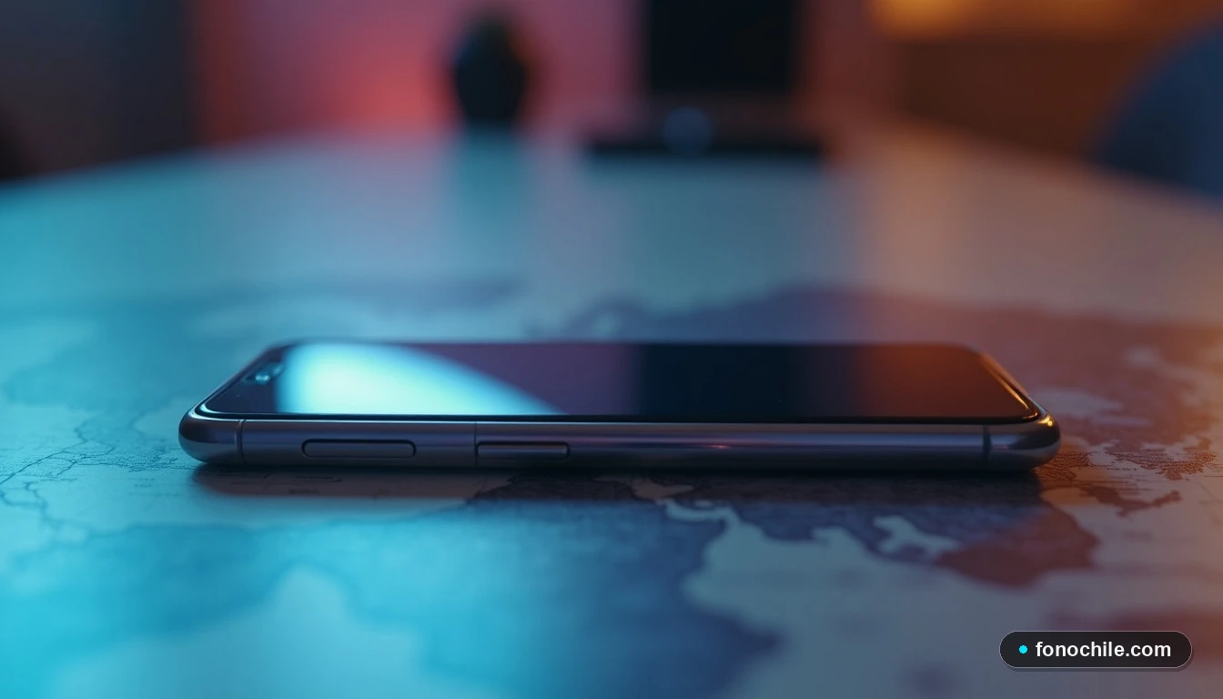 Primer plano lateral de un smartphone sobre una mesa con reflejo de un mapa mundial, concepto de llamadas internacionales