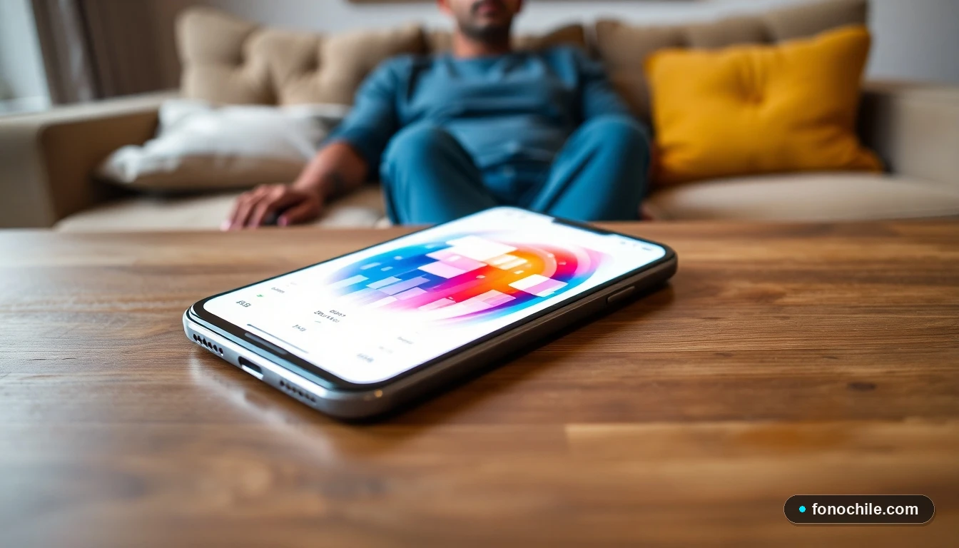 Smartphone realizando un test de velocidad WiFi en un hogar chileno, mostrando gráficos de resultados coloridos.