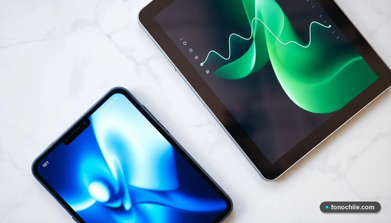 Dispositivos móviles modernos sobre mármol blanco mostrando gráficos abstractos de colores.