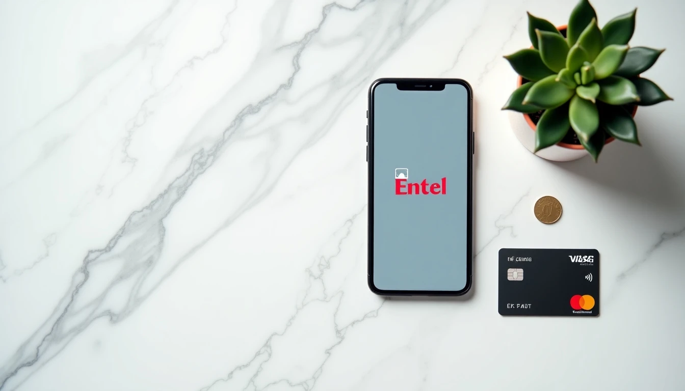 Métodos de pago Entel: App móvil y tarjeta de crédito sobre fondo de mármol