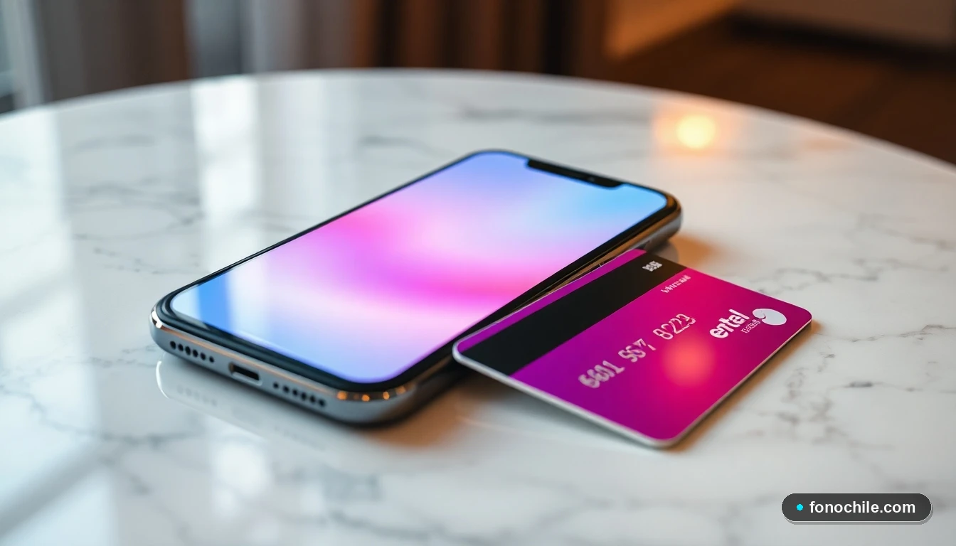 Smartphone y tarjeta de crédito sobre mármol, mostrando pago digital Entel.