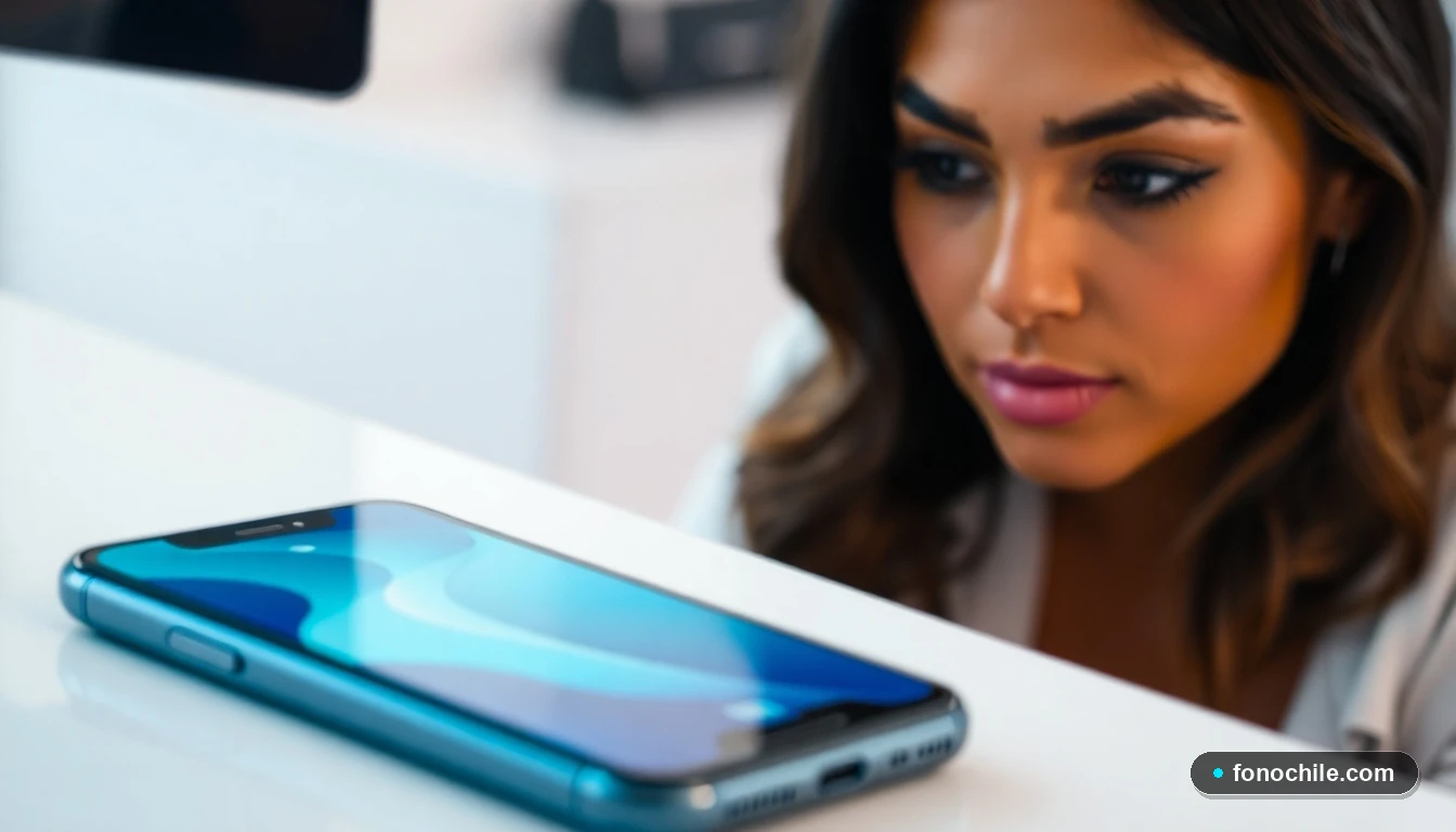 Vista cercana de un teléfono inteligente mostrando una interfaz de pago abstracta, con una asesora de servicio al cliente en el fondo.