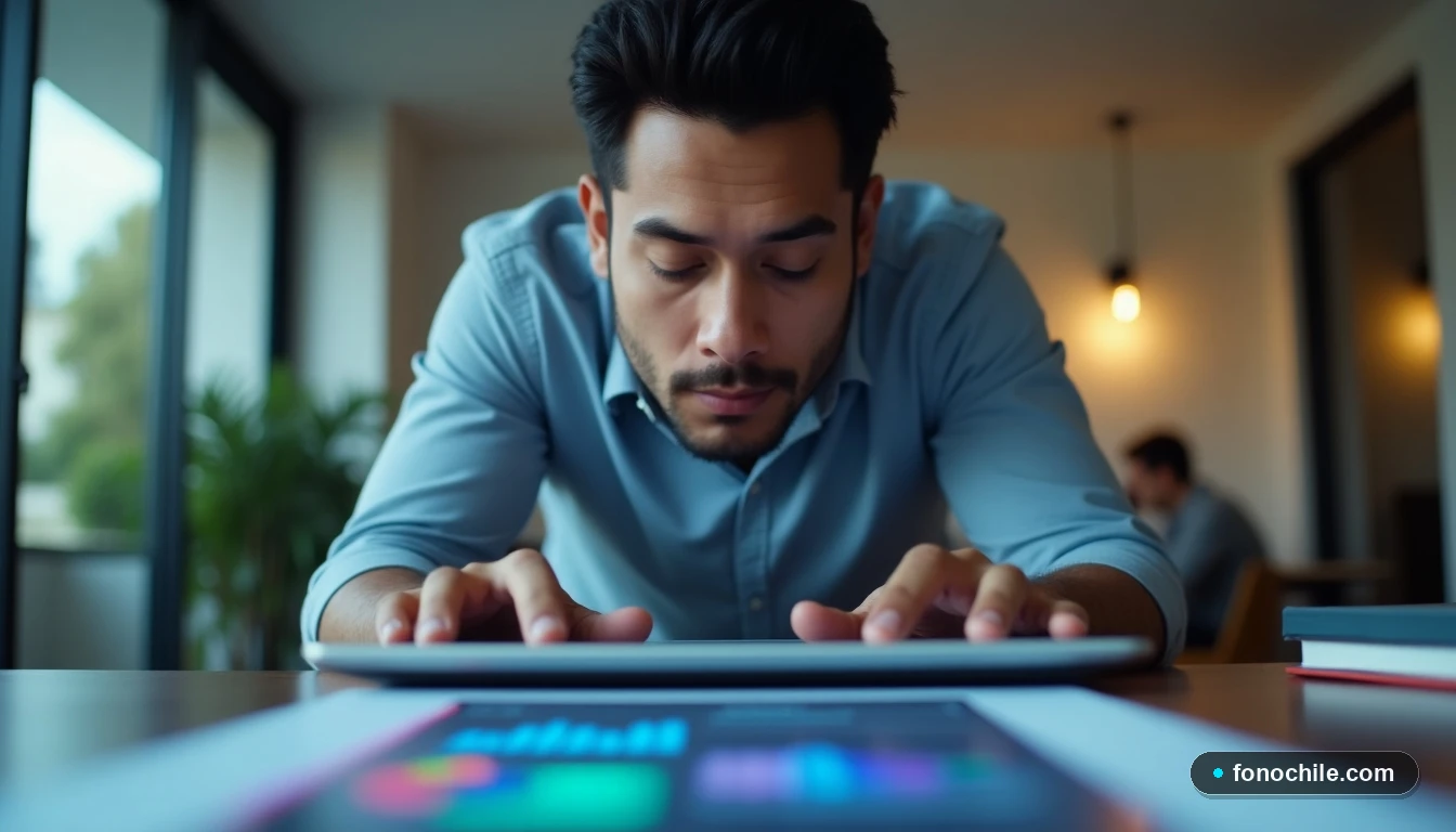 Tablet mostrando gráficos abstractos en el proceso de pago online de Movistar.