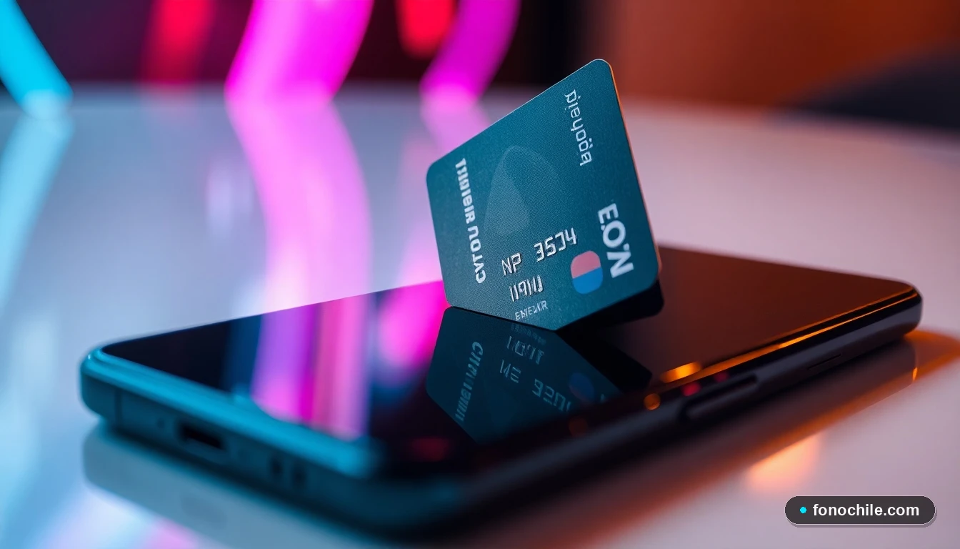 Primer plano detallado de un chip de tarjeta de crédito junto a un teléfono inteligente, representando pagos digitales seguros.