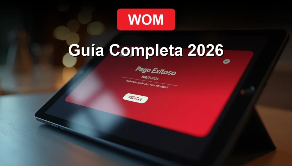 Cliente revisando el pago exitoso de su boleta WOM en una tablet, mostrando confirmación con solo su RUT, en un entorno doméstico moderno.