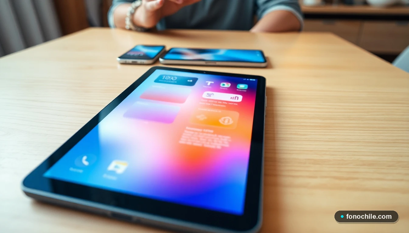 Tablet y smartphone en una mesa, mostrando interfaces genéricas de colores, representando el pago digital de servicios.