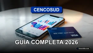 Tarjeta de crédito Cencosud y un smartphone mostrando gráficos abstractos, sobre una mesa.