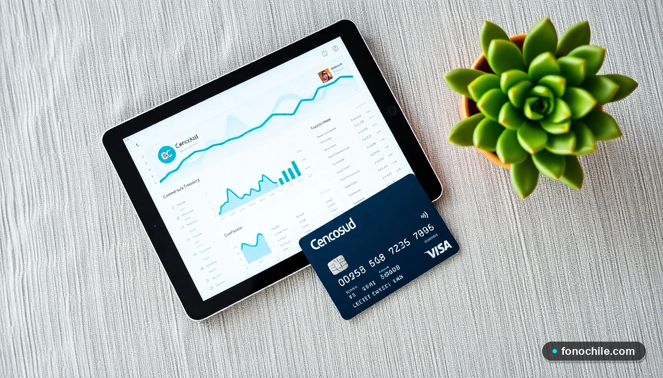 Composición plana de una tarjeta Cencosud y una tablet con interfaz genérica, sobre una superficie textil.