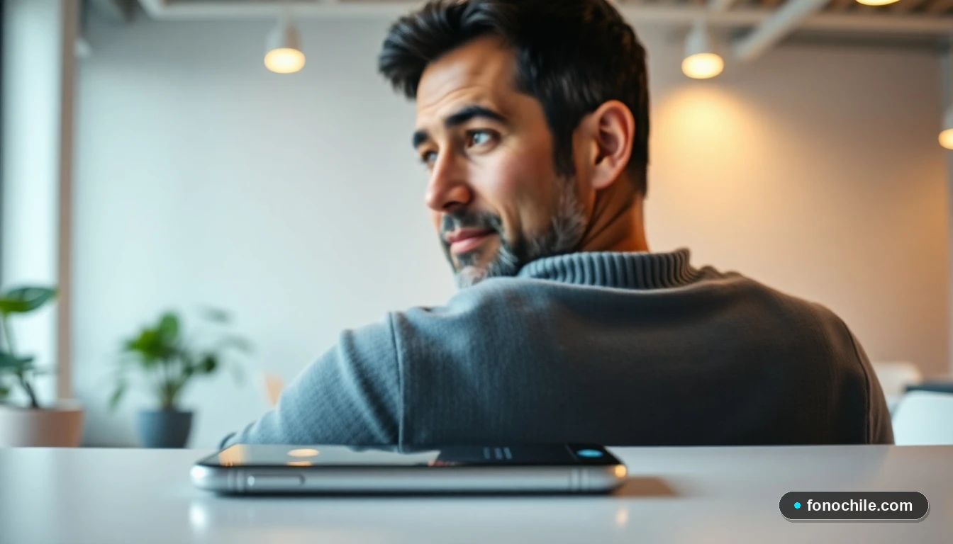 Hombre realizando un reclamo telefónico a Claro Chile con su smartphone sobre la mesa