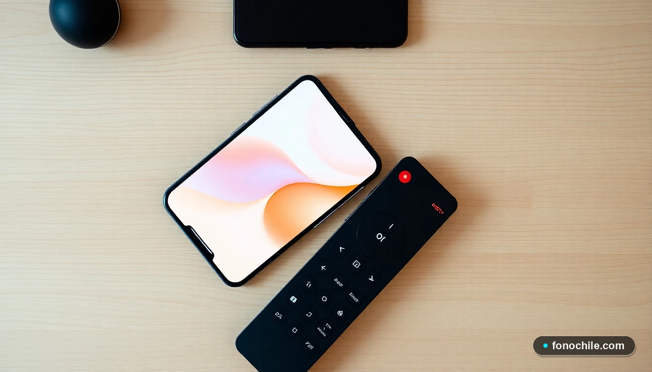 Dispositivos para recarga online de DIRECTV Prepago: control remoto y smartphone en una mesa.