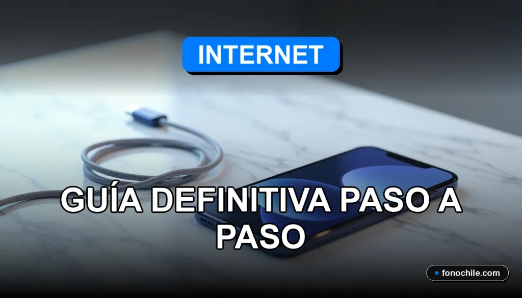 iPhone 2026 modelo de color azul reposando sobre una mesa de mármol blanco, mostrando gráficos abstractos en su pantalla, junto a un cable de carga.