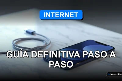 iPhone 2026 modelo de color azul reposando sobre una mesa de mármol blanco, mostrando gráficos abstractos en su pantalla, junto a un cable de carga.