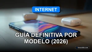 iPhone moderno mostrando gráficos abstractos de colores, reposando sobre una mesa de madera clara junto a otros dispositivos Apple.