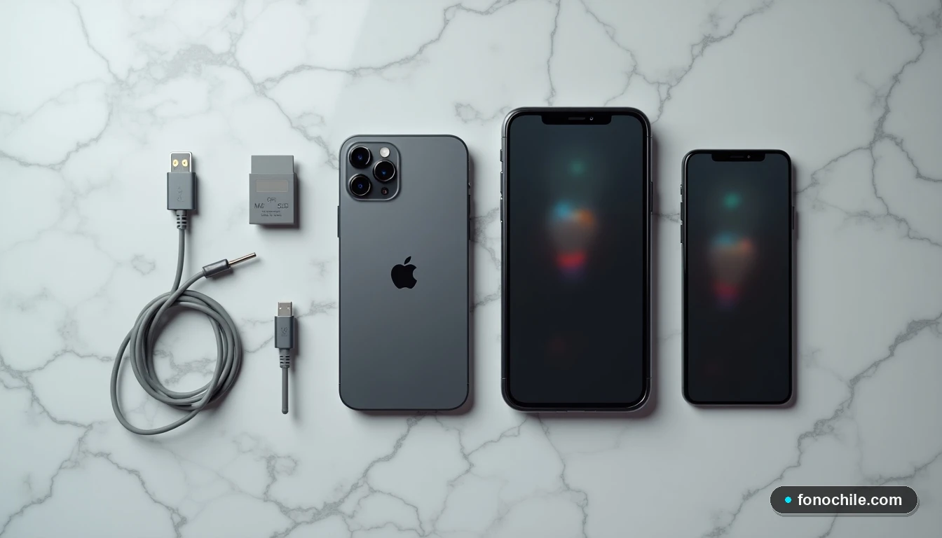 Vista superior de tres modelos de iPhone diferentes reposando sobre una superficie de mármol gris, mostrando interfaces genéricas en sus pantallas.