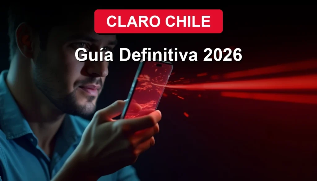 Una mujer sonriente mira la pantalla de su smartphone Claro mostrando su número de teléfono, con el logo de la compañía en fondo desenfocado.